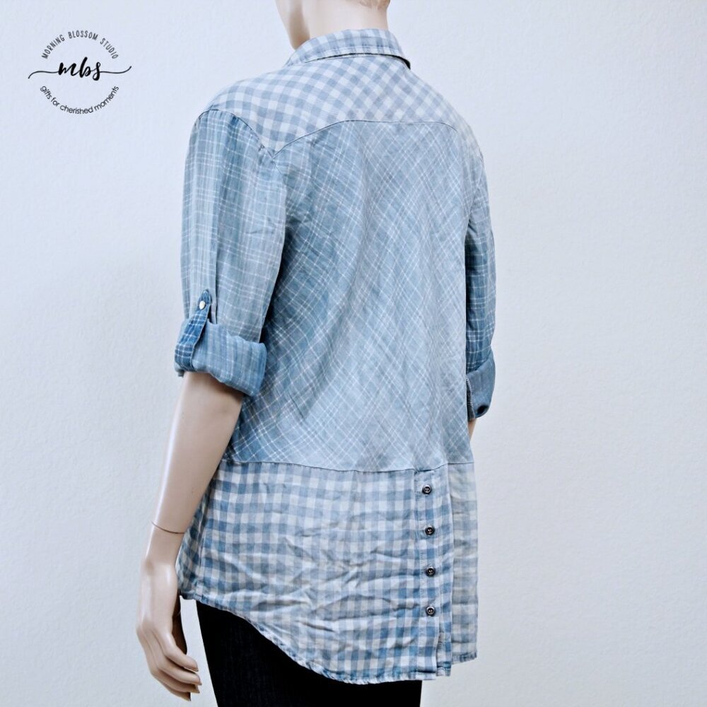 NWOT Korye Checkered Plaid Long Sleeve Roll Tab Button Down Shirt Blue Women XL - Picture 9 of 13